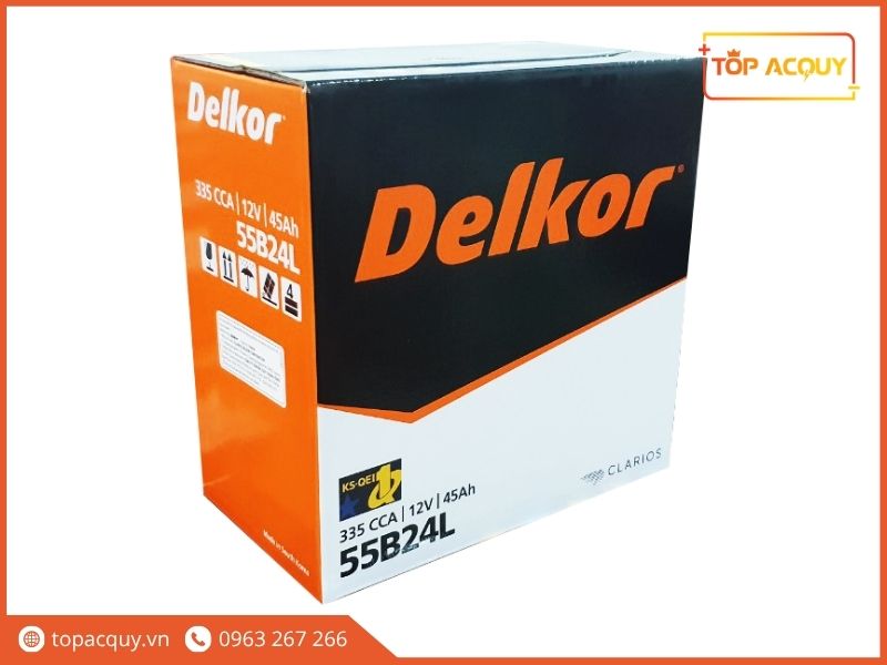 Bao bì hộp carton nguyên seal hiển thị đầy đủ mã sản phẩm và chứng nhận chất lượng KS-QEI của ắc quy Delkor 55B24L