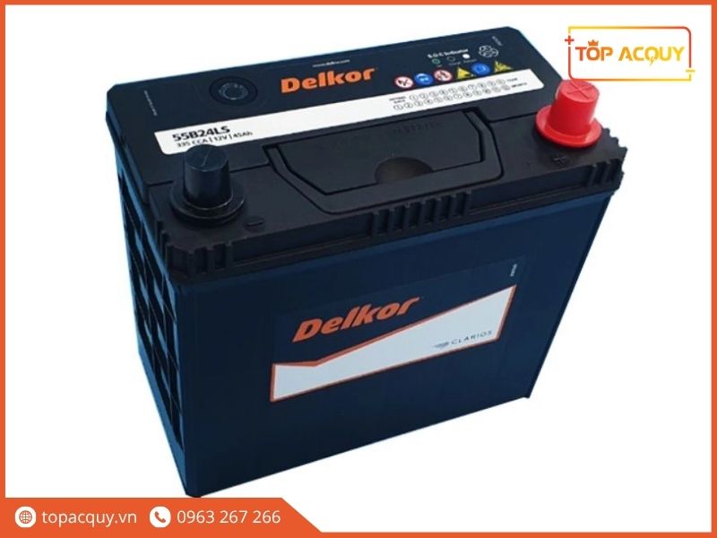 Kết cấu cọc to LS cọc trái và tem chống hàng giả Clarios trên ắc quy Delkor 45Ah