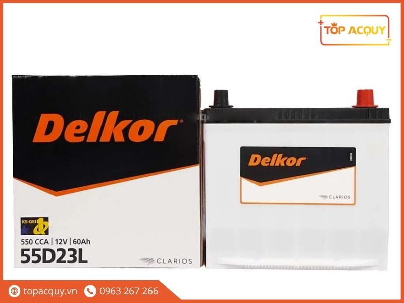 Bộ sản phẩm ắc quy Delkor 55D23L (12V - 60Ah) chuẩn công nghệ Clarios đi kèm vỏ hộp bảo vệ chính hãng