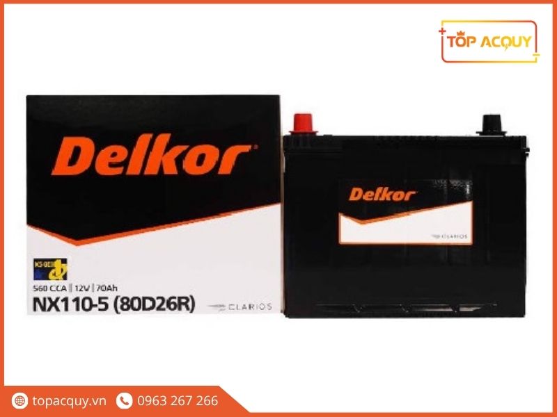 Bình ắc quy Delkor 80D26R NX110-5 12V 70Ah chính hãng Clarios cọc nổi R (cọc phải) đi kèm bao bì đóng gói chuẩn