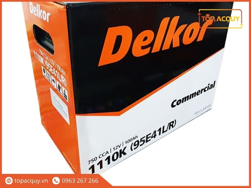 Vỏ hộp carton chính hãng của bình ắc quy Delkor Commercial 1110K (95E41L/R) 12V 100Ah 750CCA từ tập đoàn Clarios