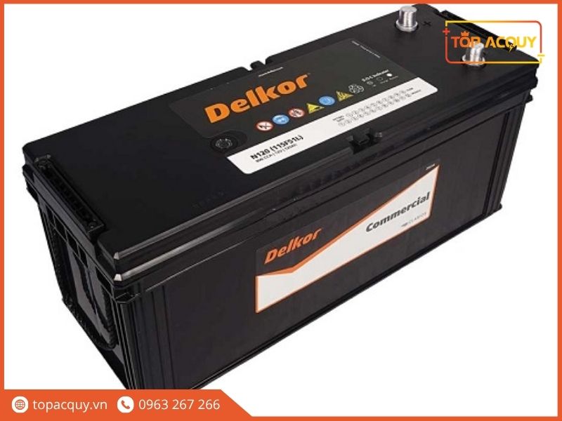 Cấu trúc nắp phẳng kín khí, 2 đầu cọc chì tiêu chuẩn và thông số kỹ thuật bình Delkor 120Ah