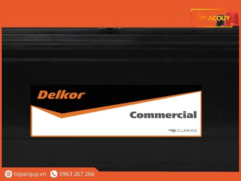 Tem nhãn thương mại Delkor Commercial Clarios chính hãng trên thân bình ắc quy N150 150Ah