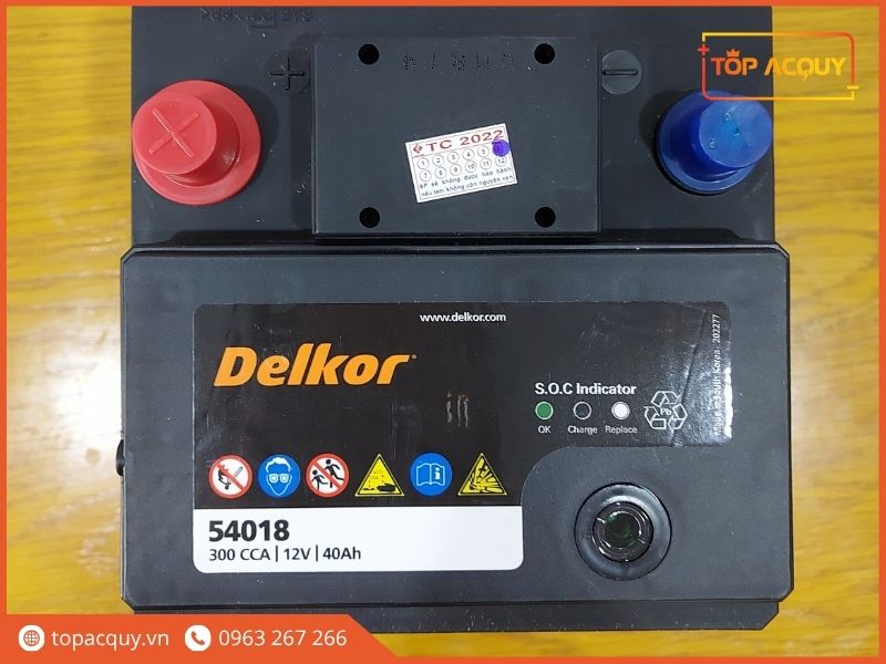 Mắt thần kiểm tra mức điện dịch và tem bảo hành dán trên mặt nắp Delkor DIN40 (L)