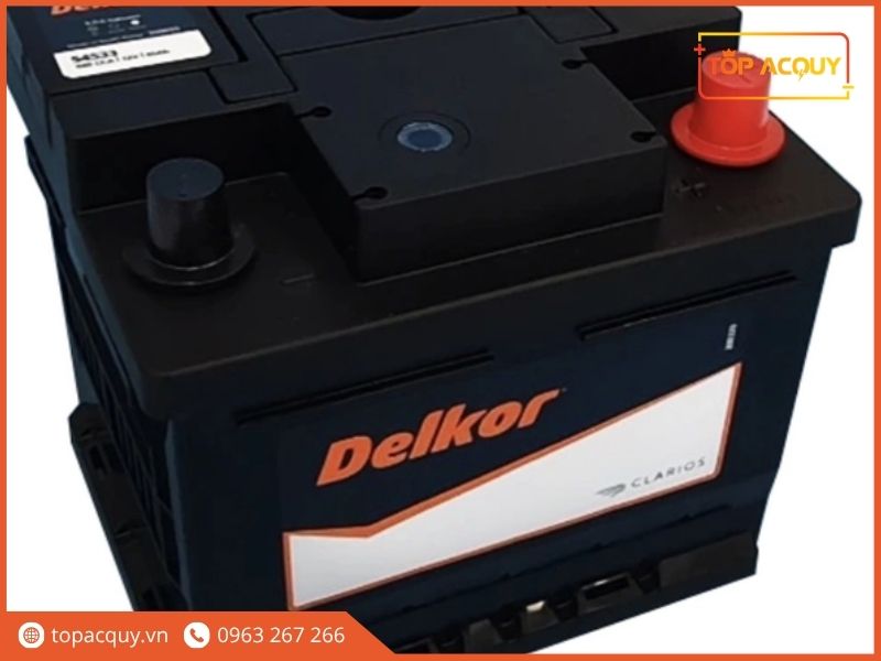 Chi tiết cọc trái chìm L và mắt thần đo điện áp trên nắp bình ắc quy Delkor DIN45 54533 12V 45Ah