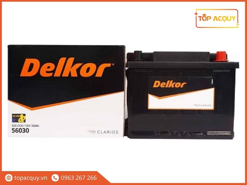 Trọn bộ sản phẩm và hộp đựng chính hãng ắc quy Delkor DIN60 56031
