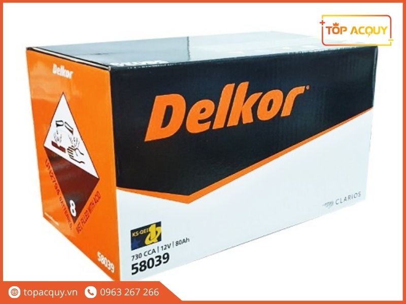 Ảnh chụp bao bì nguyên thùng và tem niêm phong ắc quy Delkor DIN80 58039 (L)