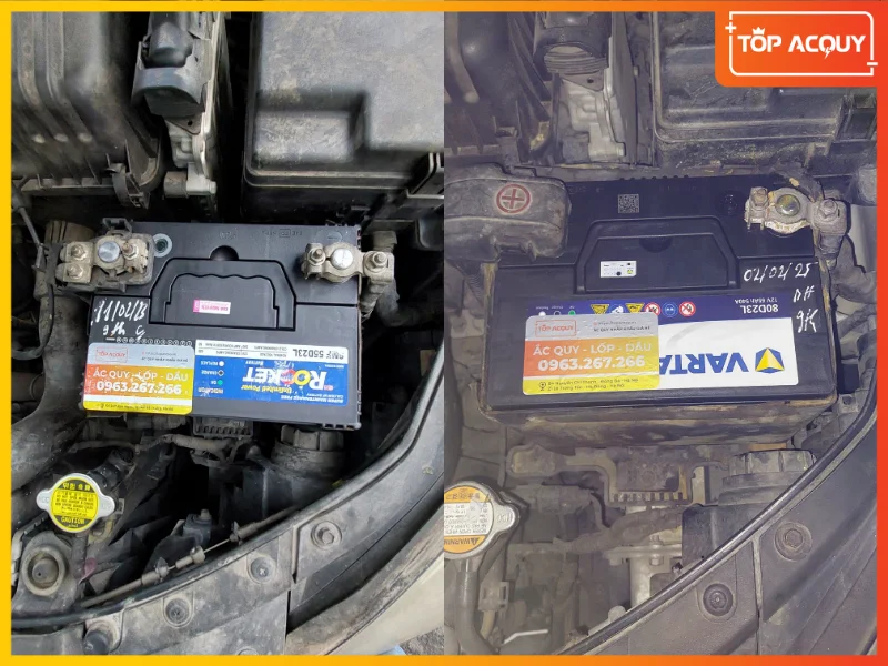 Hình ảnh thực tế lắp đặt hoàn thiện ắc quy Rocket và Varta cho Hyundai i30 với tem bảo hành uy tín từ Topacquy