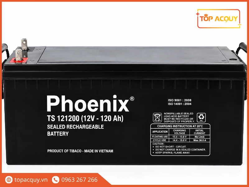 Mặt trước bình Phoenix TS121200 12V 120Ah chuẩn cọc ren âm T18