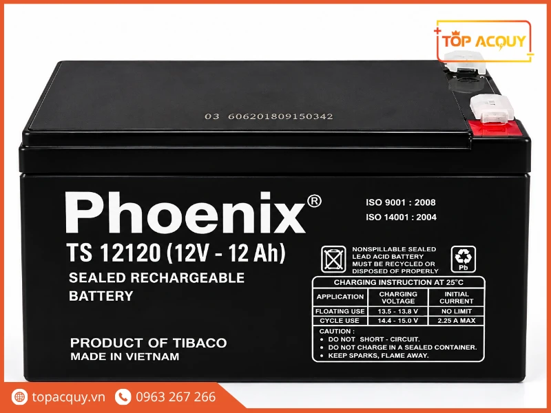 Mặt trước bình ắc quy Phoenix TS12120 12V 12Ah chính hãng Tia Sáng