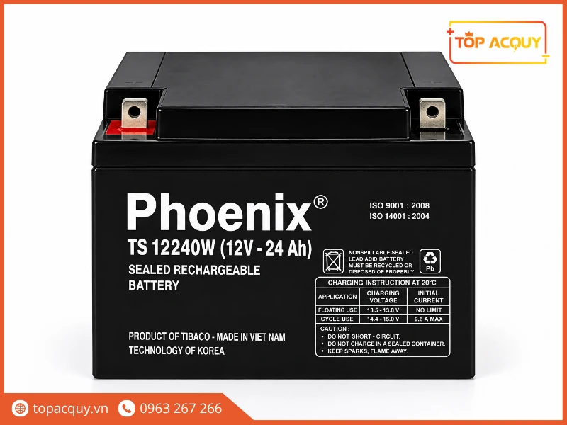 Mặt trước bình ắc quy viễn thông Phoenix TS12240W 12V 24Ah chính hãng