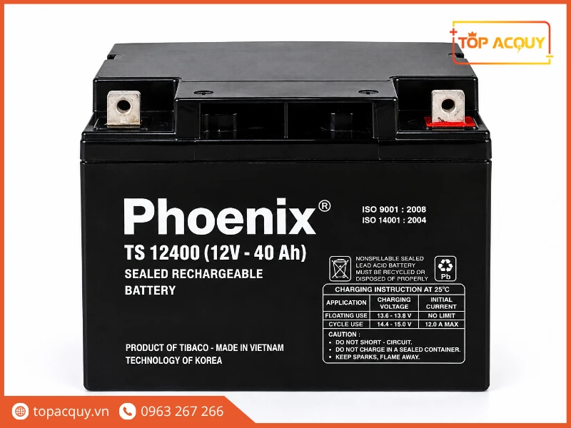 Mặt trước bình ắc quy viễn thông Phoenix TS12400 12V 40Ah chính hãng