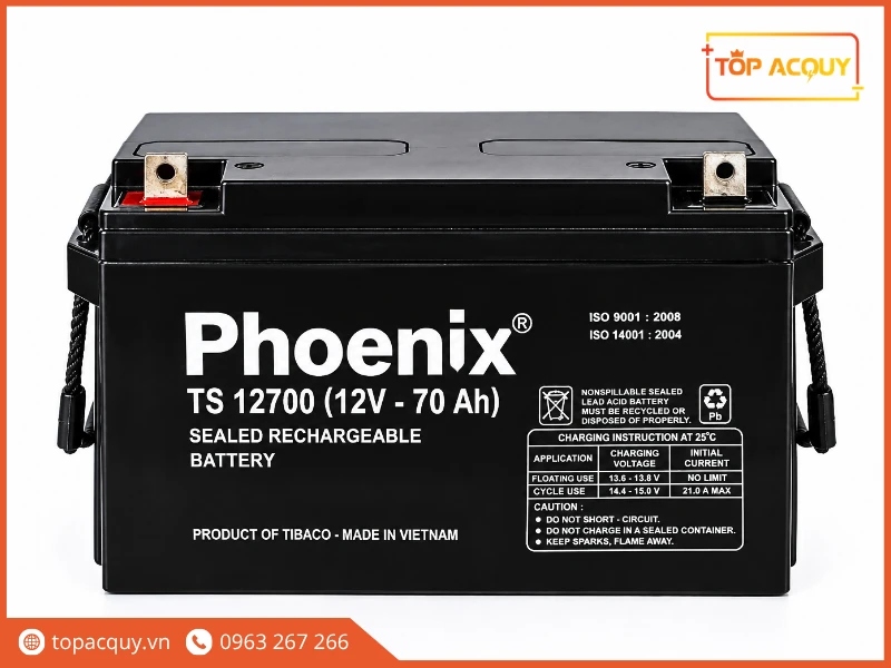 Mặt trước bình ắc quy viễn thông Phoenix TS12700 12V 70Ah chính hãng