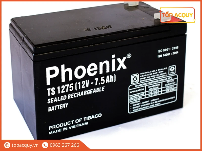 Góc nghiêng bình ắc quy Phoenix TS1275 12V 7.5Ah phiên bản vỏ đen
