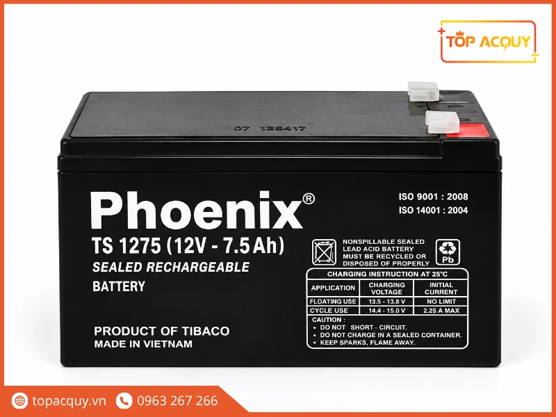 Mặt trước bình ắc quy Phoenix TS1275 12V 7.5Ah chính hãng Tia Sáng