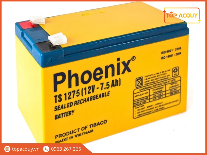 Góc nghiêng bình ắc quy viễn thông Phoenix TS1275 12V 7.5Ah vỏ vàng