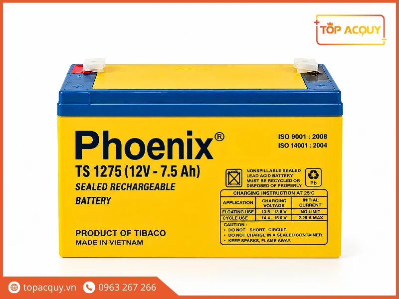 Mặt trước bình ắc quy Phoenix TS1275 12V 7.5Ah chính hãng Tia Sáng