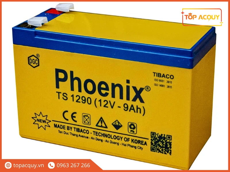 Góc nghiêng bình ắc quy Phoenix TS1290 12V 9Ah phiên bản vỏ vàng