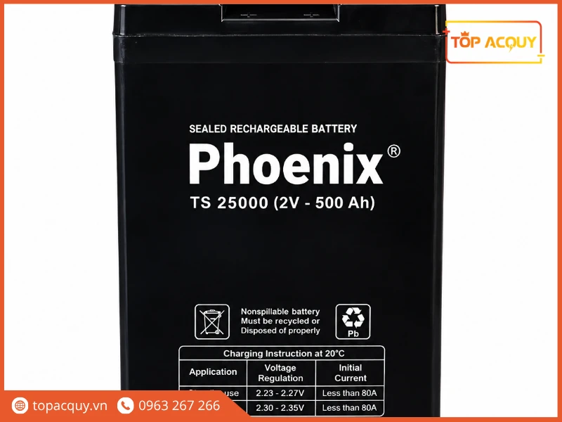 Cận cảnh mặt nắp và cọc ren âm trên bình ắc quy Phoenix TS25000 2V