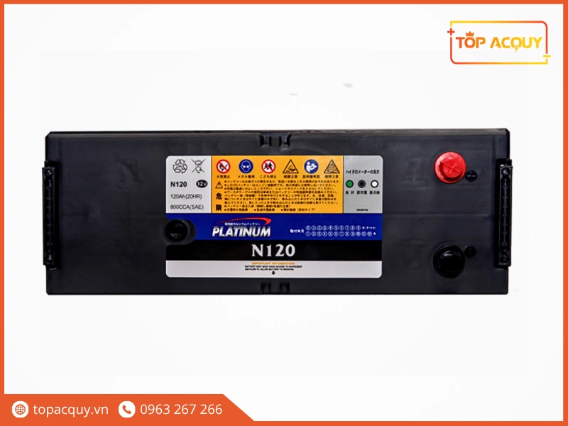 Mặt nắp bình Platinum N120 hiển thị thông số 120Ah 800A CCA và mắt thần kiểm tra