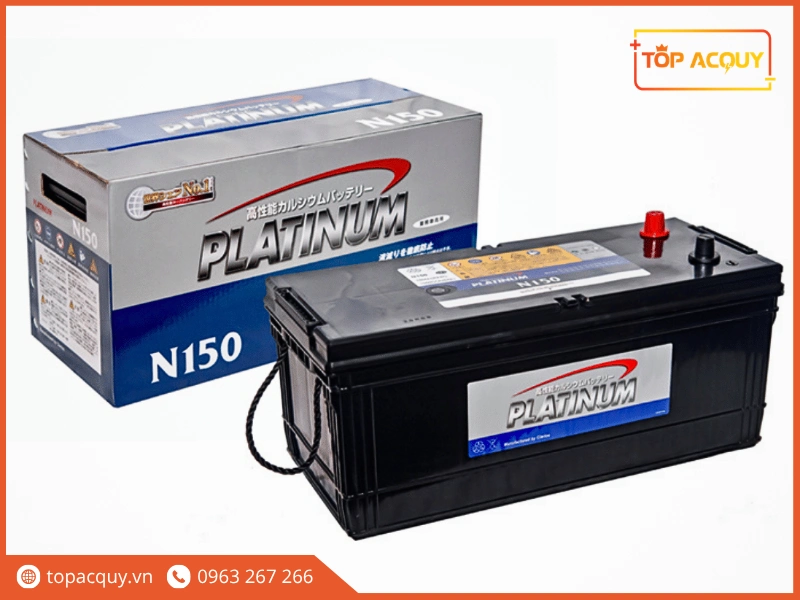 Bộ sản phẩm ắc quy Platinum N150 12V 150Ah bao gồm bình và thùng carton bảo vệ