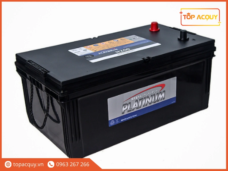Góc nghiêng bình ắc quy Platinum N200 200Ah cọc nổi tiêu chuẩn với quai xách dây dù chịu lực