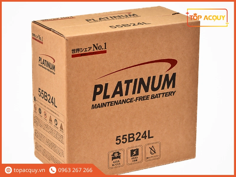 Bao bì thùng carton đựng ắc quy Platinum 55B24L 12V 45Ah chính hãng