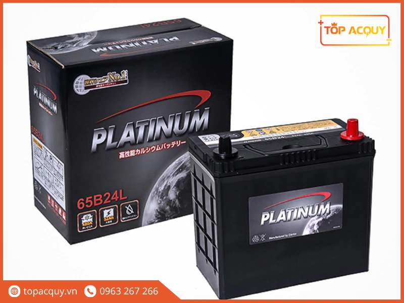 Bộ sản phẩm bình ắc quy Platinum 65B24L 12V 52Ah cùng thùng carton bao bì chính hãng