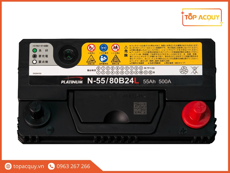 Mặt nắp bình Platinum N-55 in thông số 55Ah và dòng xả 500A CCA