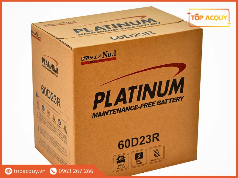 Vỏ hộp bao bì carton bình ắc quy Platinum 60D23R thể hiện dung lượng 60Ah và dòng phóng 500A CCA