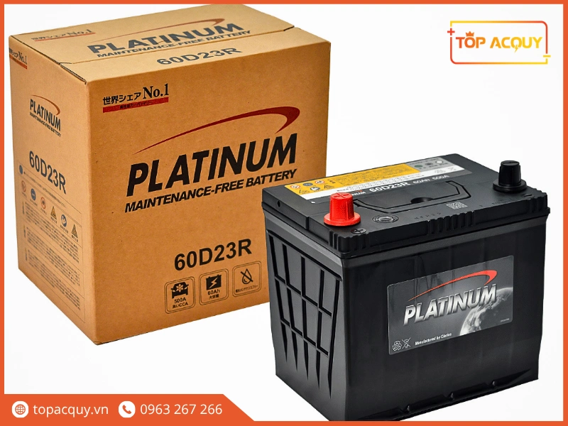 Trọn bộ bình ắc quy cọc thuận Platinum 60D23R cùng thùng carton đóng gói chính hãng