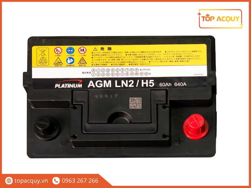 Mặt nắp bình Platinum AGM LN2/H5 thể hiện thông số 60Ah 640A CCA