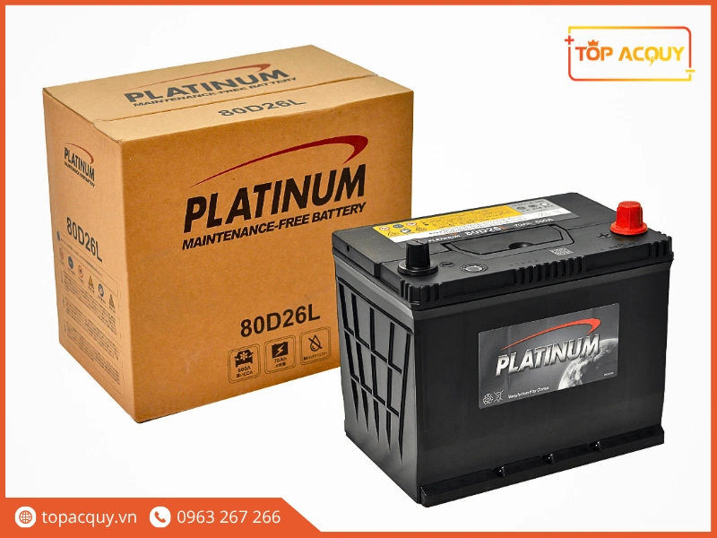 Bộ sản phẩm ắc quy cọc nghịch Platinum 80D26L 12V 75Ah đi kèm thùng carton bảo vệ