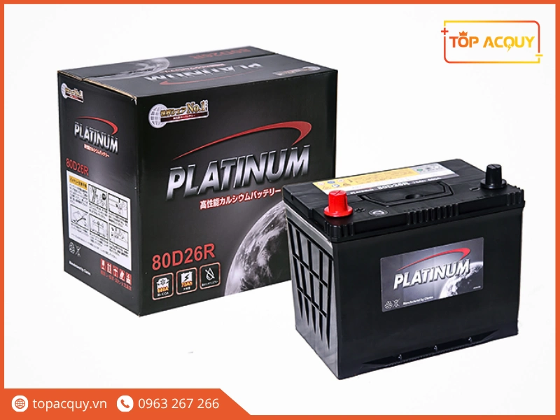 Bộ sản phẩm ắc quy cọc thuận Platinum 80D26R 75Ah cùng thùng đóng gói cao cấp