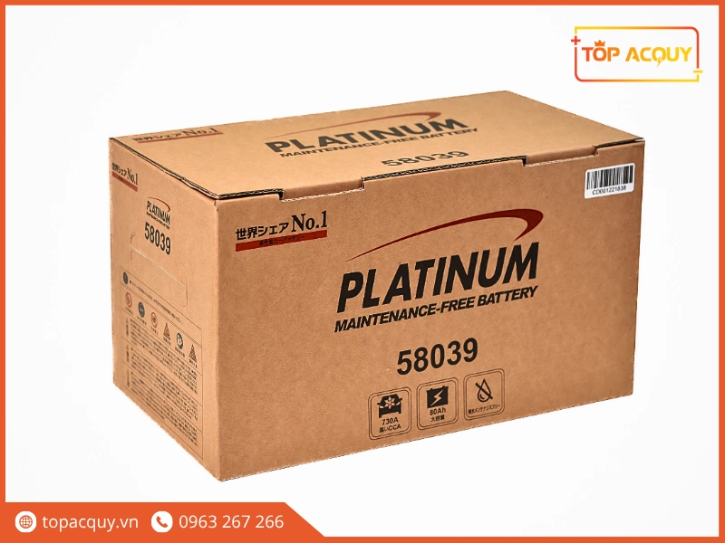 Vỏ hộp carton đóng gói bình ắc quy Platinum 58039 thể hiện thông số 80Ah và 730A CCA