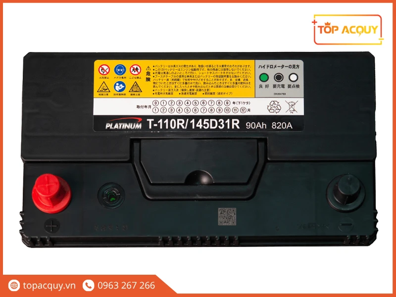 Mặt nắp bình Platinum T-110R in thông số 90Ah và dòng xả 820A CCA