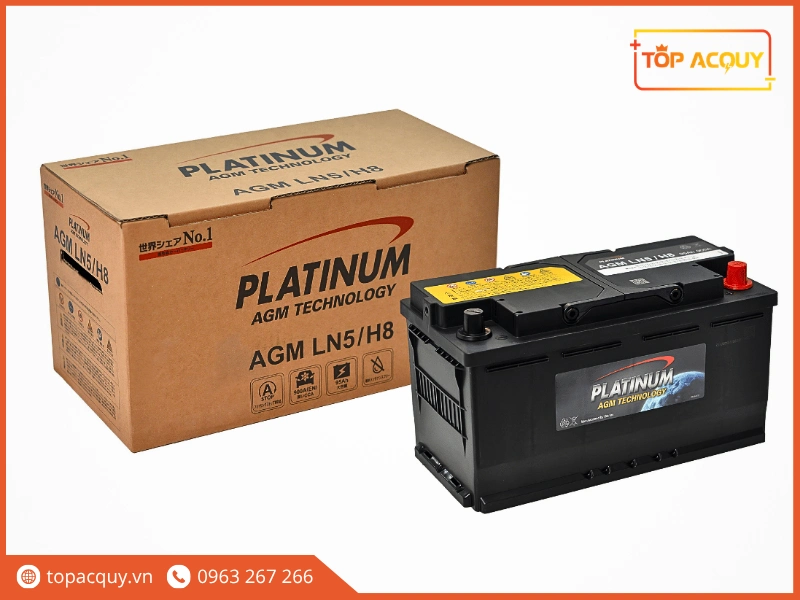 Bộ sản phẩm bình ắc quy Platinum AGM LN5 95Ah cùng thùng carton bảo quản chính hãng