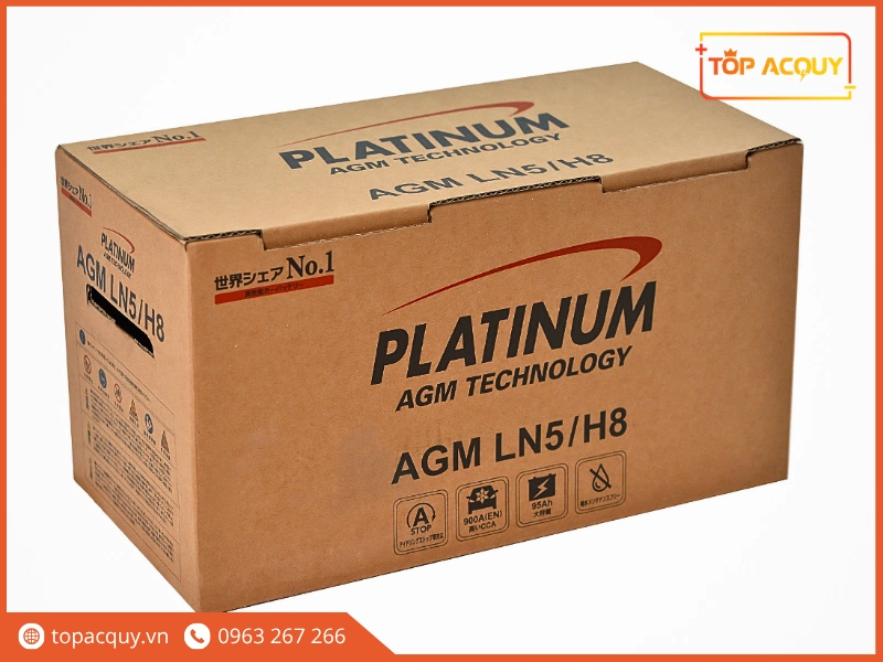 Bao bì hộp đựng ắc quy Platinum AGM LN5 H8 thể hiện dòng khởi động cực đại 900A CCA