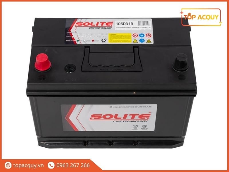Tem nhãn chi tiết mặt trên ắc quy Solite 90Ah, hiển thị mã CMF105D31R, 12V 90Ah