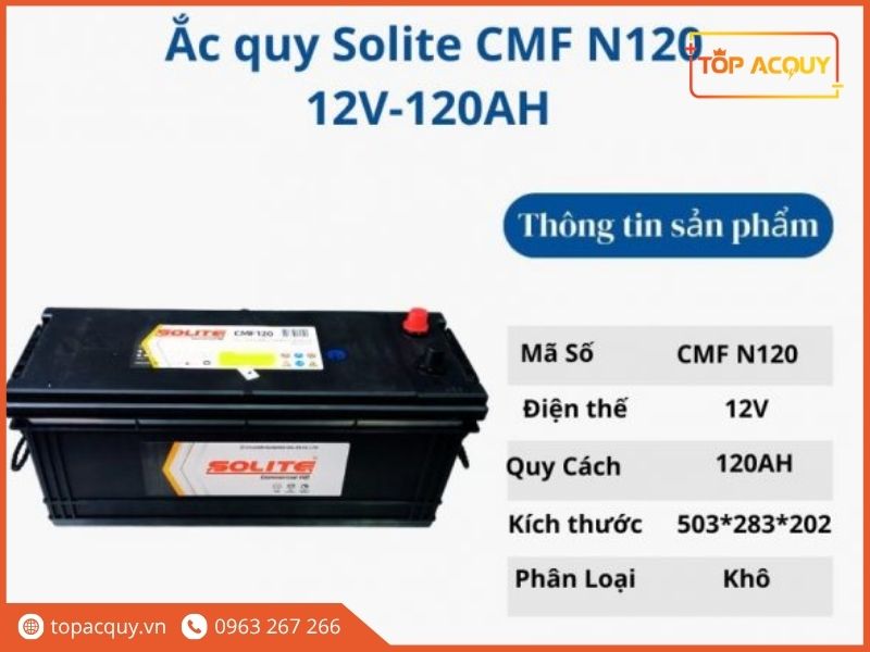 Thông số kỹ thuật kích thước 503x283x202 mm và điện áp của bình ắc quy khô Solite CMF N120 12V 120Ah