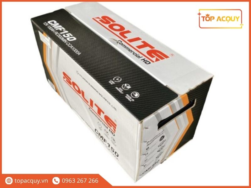 Vỏ hộp carton ắc quy Solite CMF150 thể hiện thông số 12V 150Ah RC300min CCA1000A chuẩn quy cách đóng gói