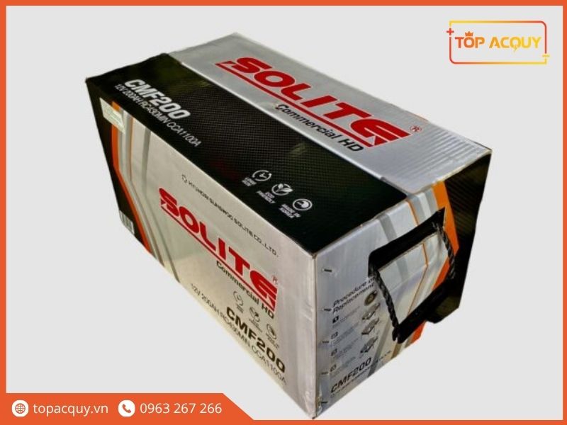 Vỏ hộp carton ắc quy Solite Commercial HD CMF200 thể hiện thông số 12V 200Ah RC430MIN CCA1100A chính hãng nhập khẩu