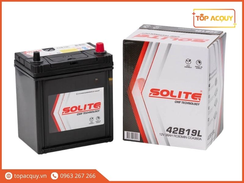 Trọn bộ sản phẩm ắc quy Solite CMF42B19L 12V 38Ah nguyên thùng hộp chính hãng nhập khẩu