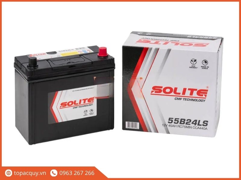 Bộ bình ắc quy Solite 55B24LS 12V 45Ah RC75min CCA440A kèm bao bì carton chính hãng Hàn Quốc