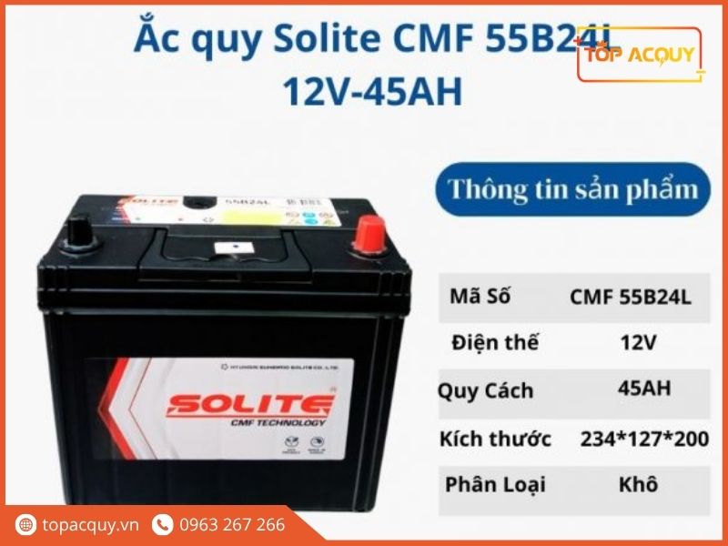 Bảng tra cứu thông số kỹ thuật kích thước 234x127x200 mm của bình ắc quy khô Solite CMF55B24L 12V 45Ah