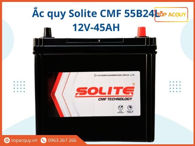 Mặt trước bình ắc quy ô tô Solite CMF Technology 55B24L thiết kế chống rò rỉ dung dịch