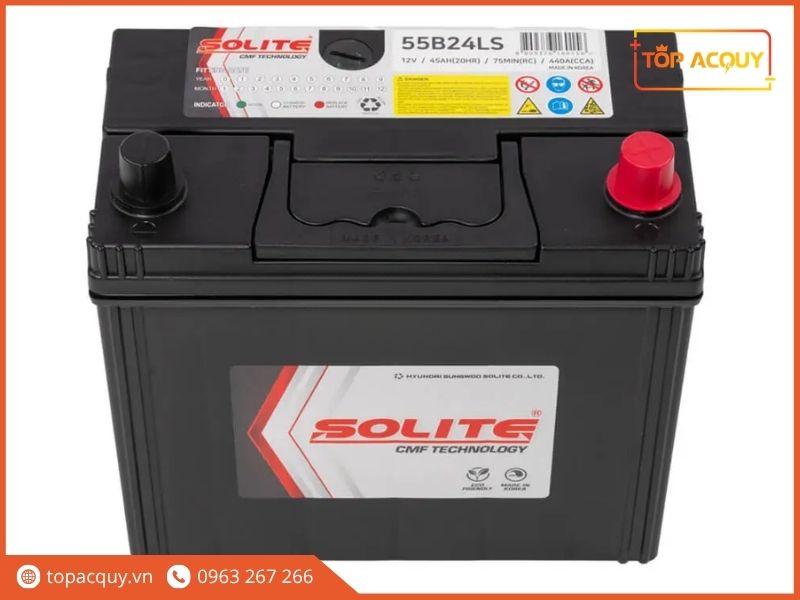 Cấu tạo nắp bình ắc quy Solite CMF 55B24LS 12V 45Ah chuẩn cọc to (LS) tích hợp mắt thần kiểm tra mức điện