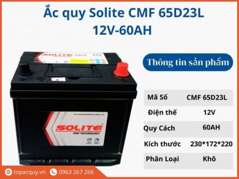 Thông số kỹ thuật kích thước 230x172x220 mm và phân loại khô miễn bảo dưỡng của ắc quy Solite CMF65D23L 12V 60Ah