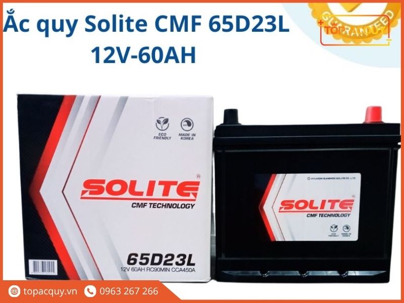 Trọn bộ sản phẩm ắc quy ô tô Solite CMF Technology 65D23L RC90MIN CCA450A nguyên thùng nhập khẩu