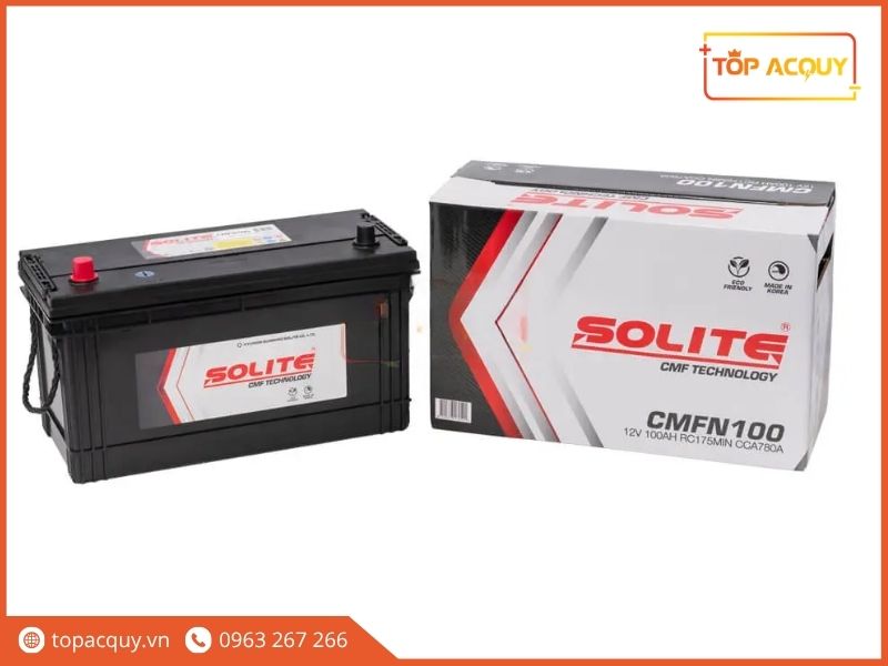 Trọn bộ sản phẩm ắc quy ô tô Solite CMFN100 nhập khẩu Hàn Quốc đi kèm bao bì đóng gói chuẩn xuất xưởng